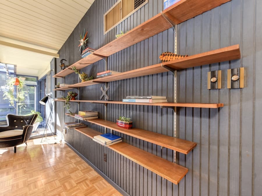 Floating timber shelves fitted along a wall