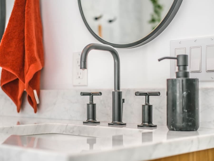 A newly fitted mixer tap on a stone bathroom counter